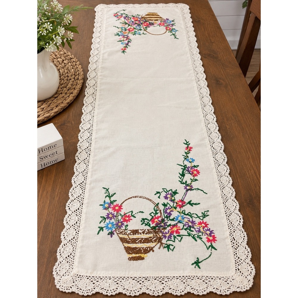 Vintage Hand Embroidered Flower Basket Table Runner White Lace Trim 36x12
